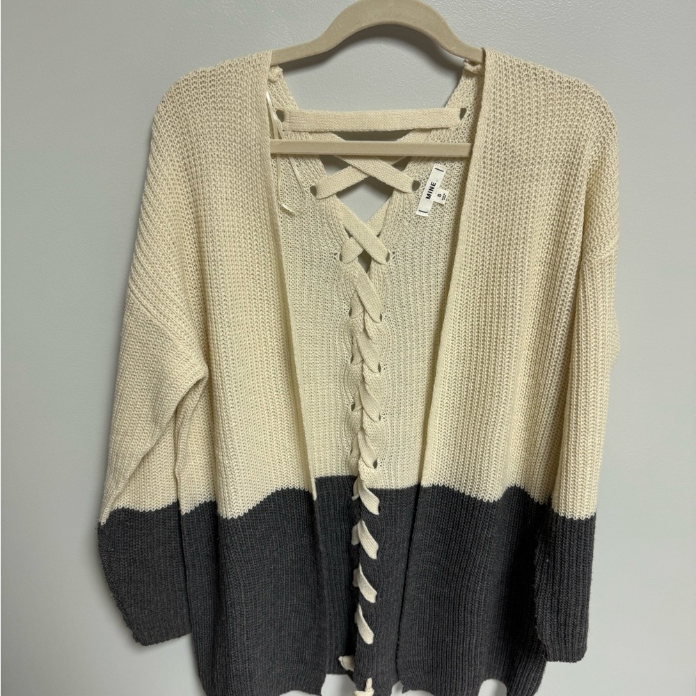 Gray and White Tie Cardigan